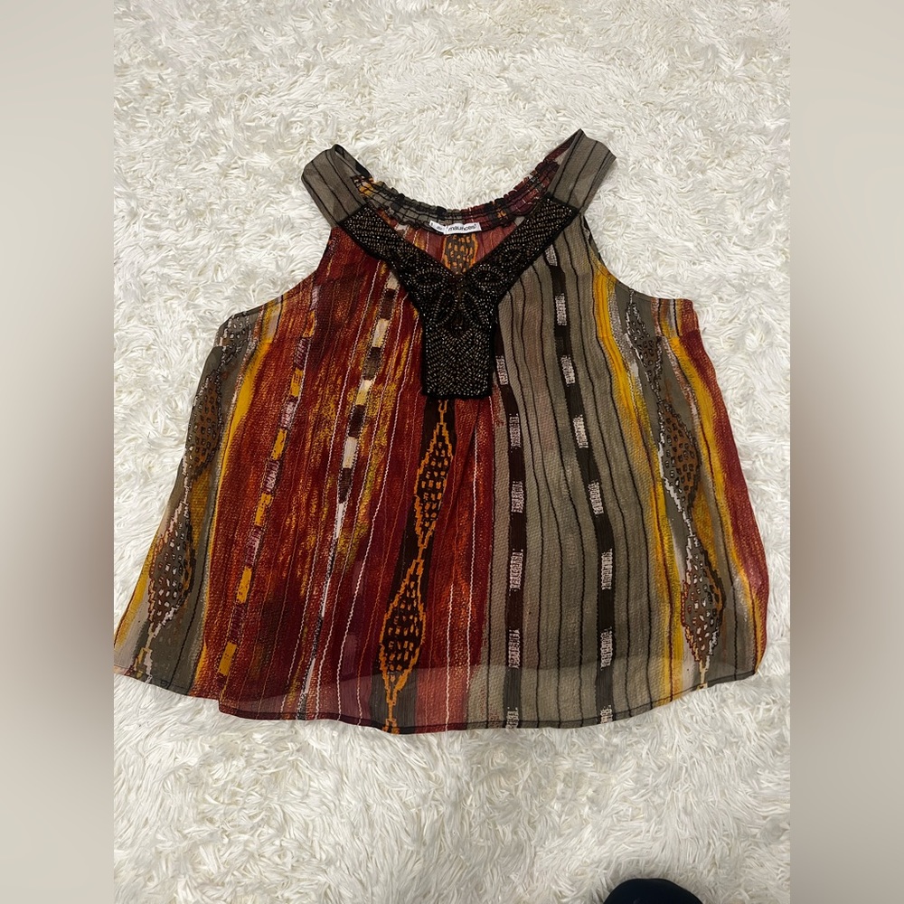Maurices Women’s Multicolor Sheer Deep Vneck Wood Beaded Tank Top Sleeveless 1X